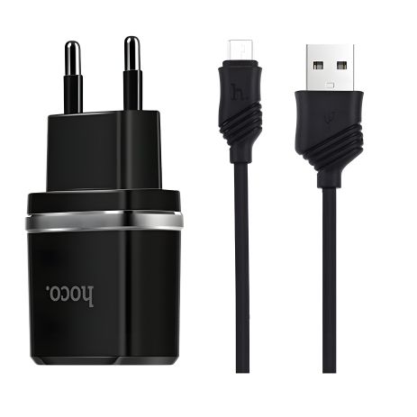 Hoco C12 зарядное устройство 2USB 2.4A + кабель Micro, черное
