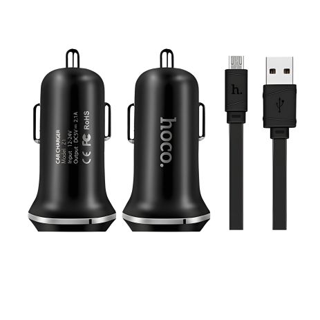 Автомобильное ЗУ Hoco Z1 2USB Black + USB Cable MicroUSB (2.1A)