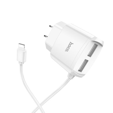 Зарядний пристрій Hoco C59A Mega joy 2USB 2.4A white + Cable Lightning