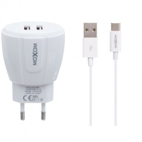 Зарядний пристрій Moxom KH-68 2.1A 2USB + Cable Type-C White