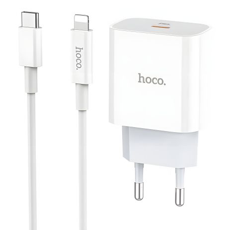 Мережевий зарядний пристрій Hoco C76A Plus, PD, 20W, кабель Type-C to Lightning, 3A, White