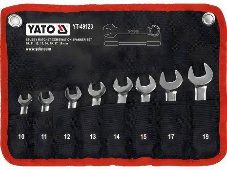Ключі комбіновані короткі з "тріскачкою" Cr-V, М10, 11, 12, 13, 14, 15, 17, 19 мм, 8 шт. [20] Yato YT-49123