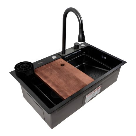 Чорна кухонна мийка PVD CM 75*46A, Platinum Handmade "Водоспад"