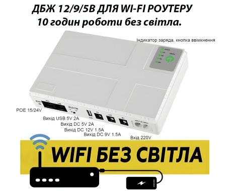 Портативный источник бесперебойного питания (ИБП) UPS для роутера/терминала DC1018P - 12V/ 9V/ 5V 10400 mAh 18W белый (и для других устройств DC)
