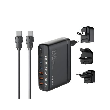Мережевий зарядний пристрій LDNIO A6140C 140W з LED дисплеєм, чорний