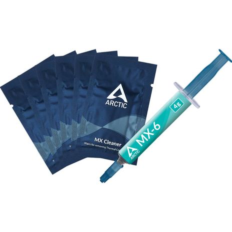 Термопаста ARCTIC MX-6, 45000 Poise, 2,6 г/см³, -50 ~ 150°C, 1.8 x 10¹² Омсм, 7,5 кВ/мм, 4г, з 6шт. MX Cleaner