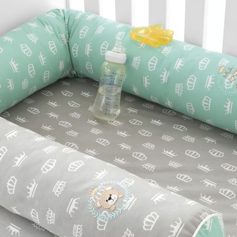Защитные бортики-валики в детскую кроватку 2 шт ТM PAPAELLA 60х15 см, 120х15 см хлопок корона мята/беж (8-34533*004)