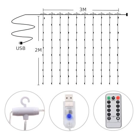 Светодиодная гирлянда USB штора RGB, 3x2 м, 8 режимов, с пультом Светодиодная гирлянда USB штора RGB, 3x2 м, 8 режимов, с пультом