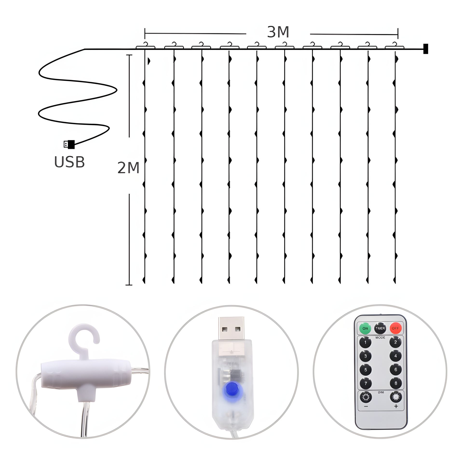 Светодиодная гирлянда USB штора RGB, 3x2 м, 8 режимов, с пультом Светодиодная гирлянда USB штора RGB, 3x2 м, 8 режимов, с пультом