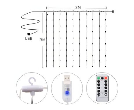 Светодиодная гирлянда USB штора RGB, 3x3 м, 8 режимов, с пультом Светодиодная гирлянда USB штора RGB, 3x3 м, 8 режимов, с пультом