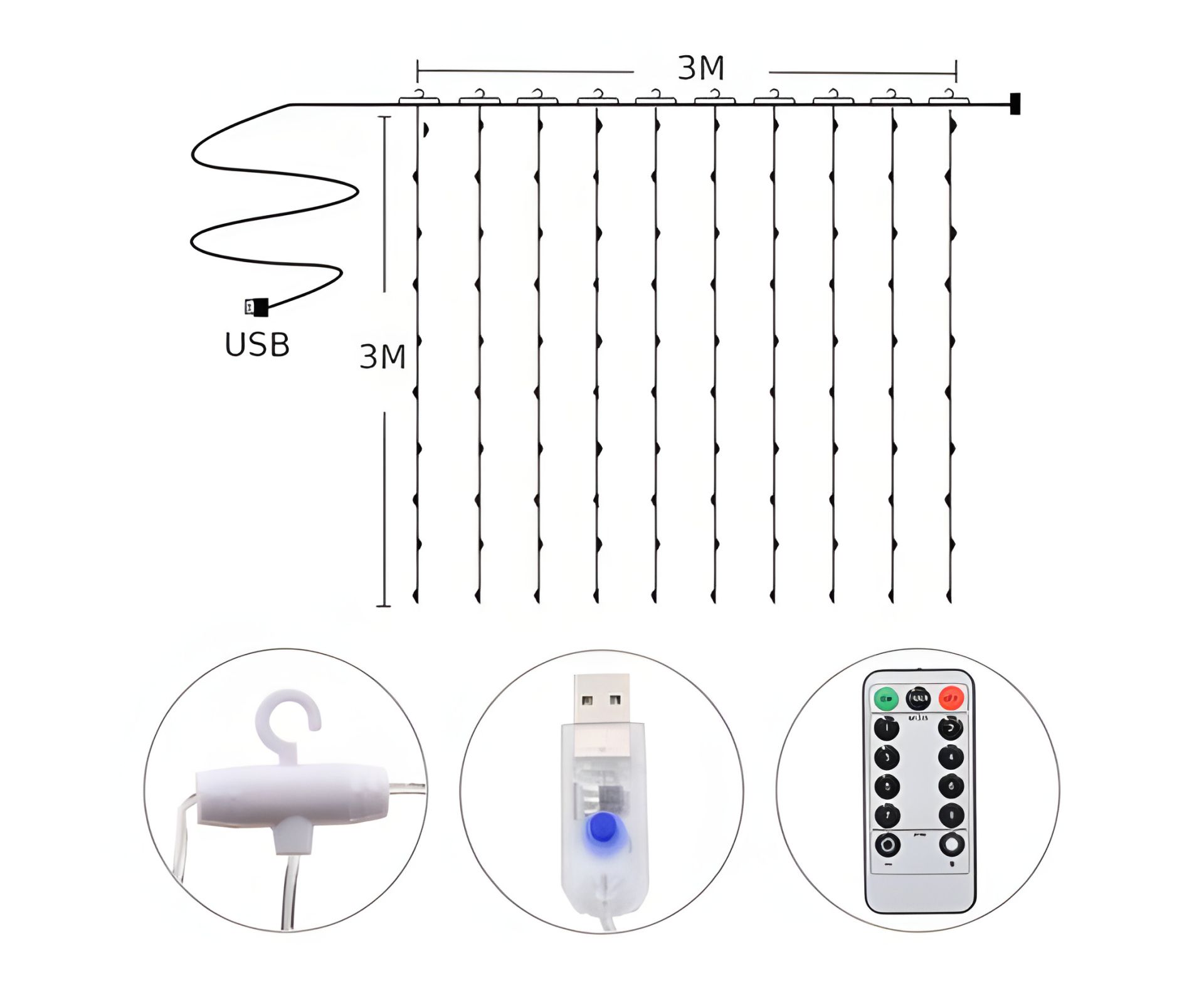Светодиодная гирлянда USB штора RGB, 3x3 м, 8 режимов, с пультом Светодиодная гирлянда USB штора RGB, 3x3 м, 8 режимов, с пультом