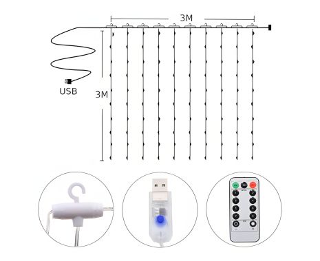 Светодиодная гирлянда USB штора RGB, 3x3 м, 8 режимов, с пультом Светодиодная гирлянда USB штора RGB, 3x3 м, 8 режимов, с пультом