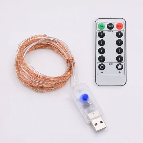 USB LED гірлянда, мідна нитка, теплий білий, 20 м, 200 світлодіодів, 8 режимів, з пультом дистанційного керування