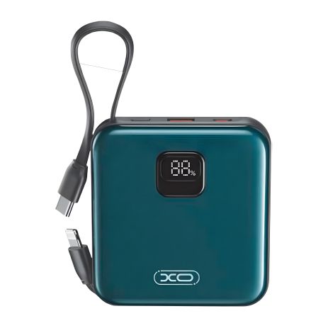 Портативный аккумулятор XO PR235 22.5W с встроенными iP и TYPE-C кабелями, 10000mAh серо-голубого цвета