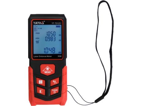 Лазерний далекомір з LCD-дисплеєм, дальність 50 м, похибка ±2 мм, вимірювання площі та об'єму живлення 2-ААА Yato YT-731251