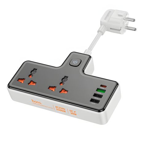 Розетка-подовжувач HOCO 2-position AC12A | 3USB/Type-C, PD/QC, 30W/10A | black