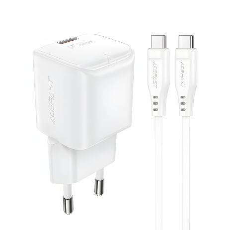 Белый зарядник Acefast A73 mini Type-C PD20W GaN + кабель Type-C to Type-C