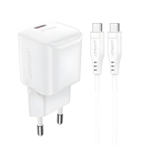 Белый зарядник Acefast A77 mini Type-C PD30W GaN + кабель Type-C to Type-C