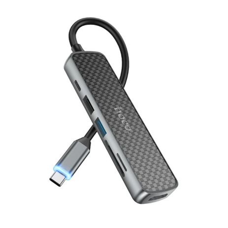 Type-C(PD) HUB HOCO HB24 Easy display Type-C multi-F adapter(HDMI+USB3.0+USB2.0+SD+TF+PD) 0.135m Metal Gray