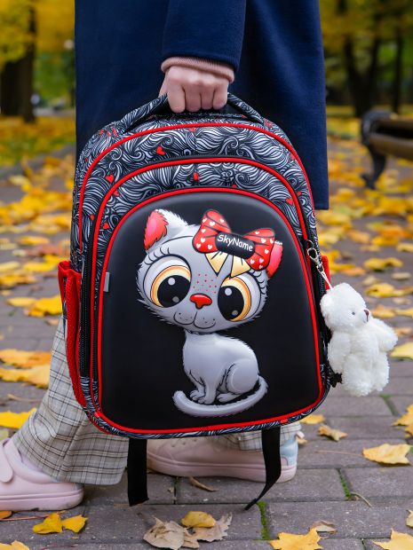 Ранець Sky Name для дівчинки молодших класів, чорний з червоним, жорсткий каркас