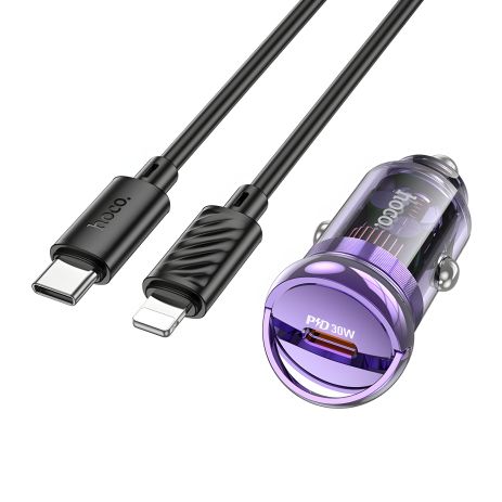 Hoco Z53 Transparent Purple Автомобільний зарядний пристрій Type-C PD 30W + Кабель Type-C to Lightning