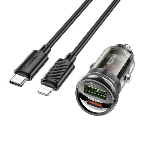 Автомобільний зарядний пристрій Hoco Z53A USB/ Type-C PD 30W QC transparent black + кабель Type-C to Lightning