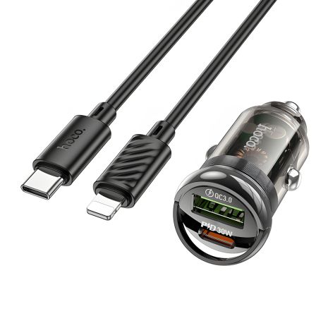 Автомобільний зарядний пристрій Hoco Z53A USB/ Type-C PD 30W QC transparent black + кабель Type-C to Lightning Автомобільний зарядний пристрій Hoco Z53A USB/ Type-C PD 30W QC transparent black + кабель Type-C to Lightning