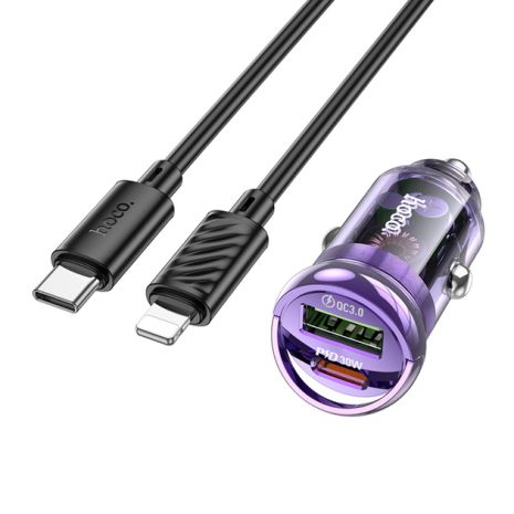 Автомобильное зарядное устройство Hoco Z53A USB/ Type-C PD 30W QC transparent purple + кабель Type-C to Lightning