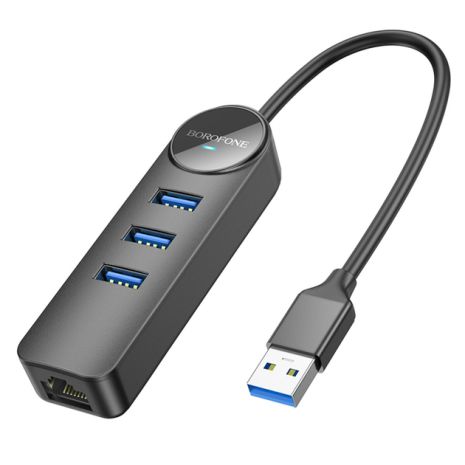 Адаптер Borofone DH6 Erudite 4-in-1 Gigabit Ethernet Adapter(USB to USB3.0*3+RJ45) 0.2m Black