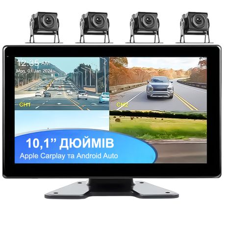 Автомобильный парковочный комплекс с видеорегистратором, экраном 10.1" и 4 камерами заднего вида Podofo A3768 для грузовых автомобилей Android Auto/CarPlay, Bluetooth, FM, Wi-Fi