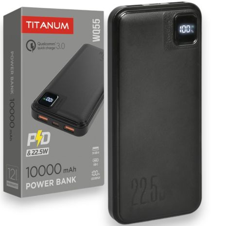 Повербанк 10000mAh TITANUM WQ55 22.5W, быстрая зарядка, 3 порта, антискользящая поверхность, черный