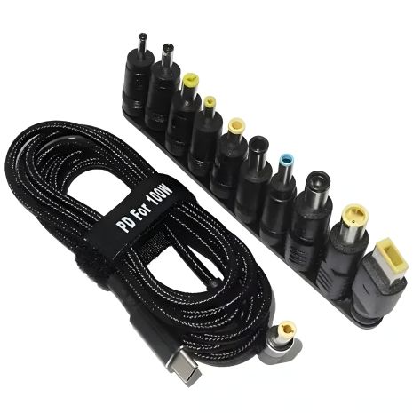 Кабель питания для ноутбука PD100W / 5.5X2.5 / 18.5-20V / Type-C / 10 переходников Black Кабель питания для ноутбука PD100W / 5.5X2.5 / 18.5-20V / Type-C / 10 переходников Black