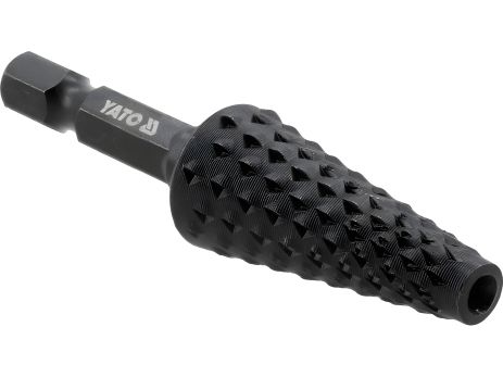 Конусна фреза рашпильна з дерева Ø = 15 мм, l = 65 мм, з 6-гран. шпиндель 1/4" вуглецю сталі Yato YT-61740 Конусна фреза рашпильна з дерева Ø = 15 мм, l = 65 мм, з 6-гран. шпиндель 1/4" вуглецю сталі Yato YT-61740