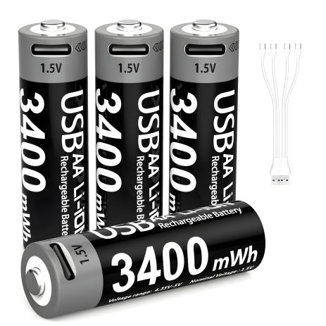 Аккумуляторные батарейки AA 3400mWh с разъемом Type-C (комплект 4 шт с кабелем) черные