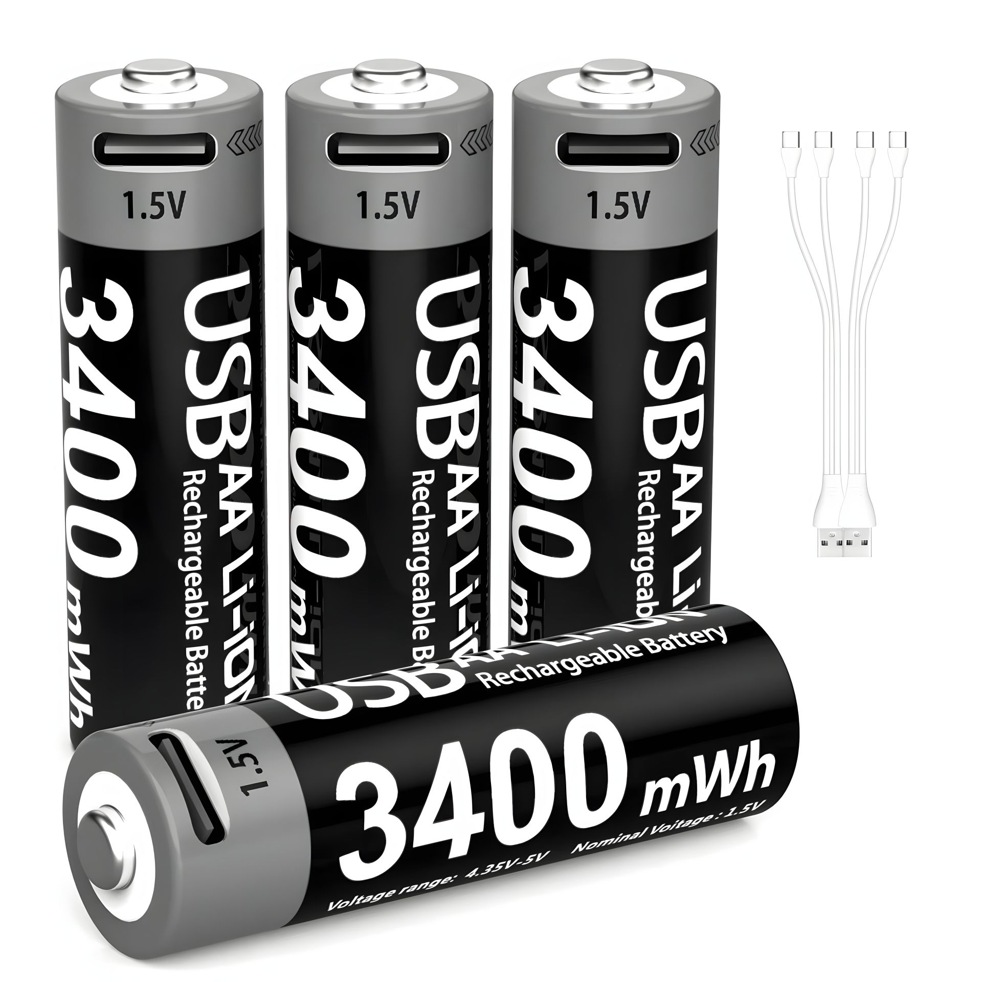 Акумулятори AA 3400mWh з роз'ємом Type-C (Комплект 4шт з кабелем) Black Акумулятори AA 3400mWh з роз'ємом Type-C (Комплект 4шт з кабелем) Black