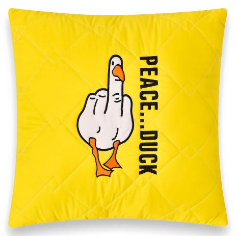 Декоративная желтая подушка PEACE... DUCK, 40x40 см, микрофибра, стеганый чехол с юмористическим принтом гуся (8-35750*001)