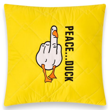 Декоративная желтая подушка PEACE... DUCK, 40x40 см, микрофибра, стеганый чехол с юмористическим принтом гуся (8-35750*001)