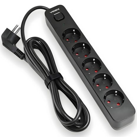 Подовжувач мережевий VIDEX ONCORD 5 розеток 3м, 4000 Вт, з кнопкою, заземленням, чорний (VF-PD53G-B) Подовжувач мережевий VIDEX ONCORD 5 розеток 3м, 4000 Вт, з кнопкою, заземленням, чорний (VF-PD53G-B)