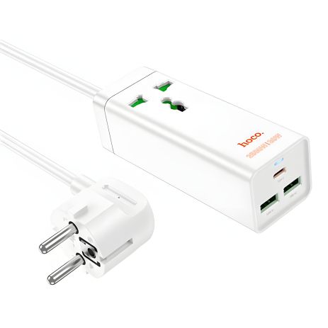Подовжувач-зарядний пристрій мережевий Hoco AC9A 2 USB/Type-C PD QC 30W, 1 розетка, 1.5m, білий