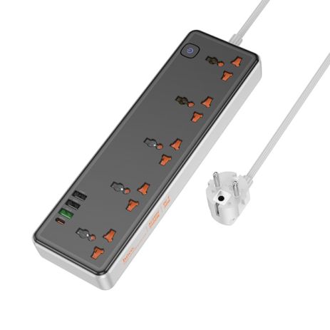 Мережевий зарядний пристрій подовжувач Hoco AC14A 3 USB/ Type-C PD 30W 5 розеток 1m чорний Мережевий зарядний пристрій подовжувач Hoco AC14A 3 USB/ Type-C PD 30W 5 розеток 1m чорний