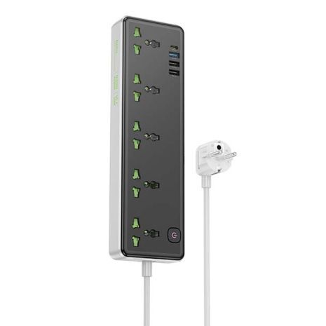 Мережевий зарядний пристрій подовжувач Hoco AC13A 3 USB/ Type-C 5 розеток 1m black Мережевий зарядний пристрій подовжувач Hoco AC13A 3 USB/ Type-C 5 розеток 1m black