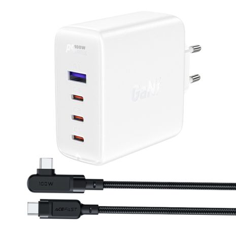 Сетевое зарядное устройство Acefast A37 USB/ 3 Type-C QC PD 100W белое + кабель Type-C to Type-C Сетевое зарядное устройство Acefast A37 USB/ 3 Type-C QC PD 100W белое + кабель Type-C to Type-C