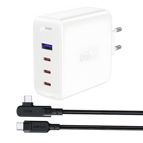 Сетевое зарядное устройство Acefast A37 USB/ 3 Type-C QC PD 100W белое + кабель Type-C to Type-C Сетевое зарядное устройство Acefast A37 USB/ 3 Type-C QC PD 100W белое + кабель Type-C to Type-C