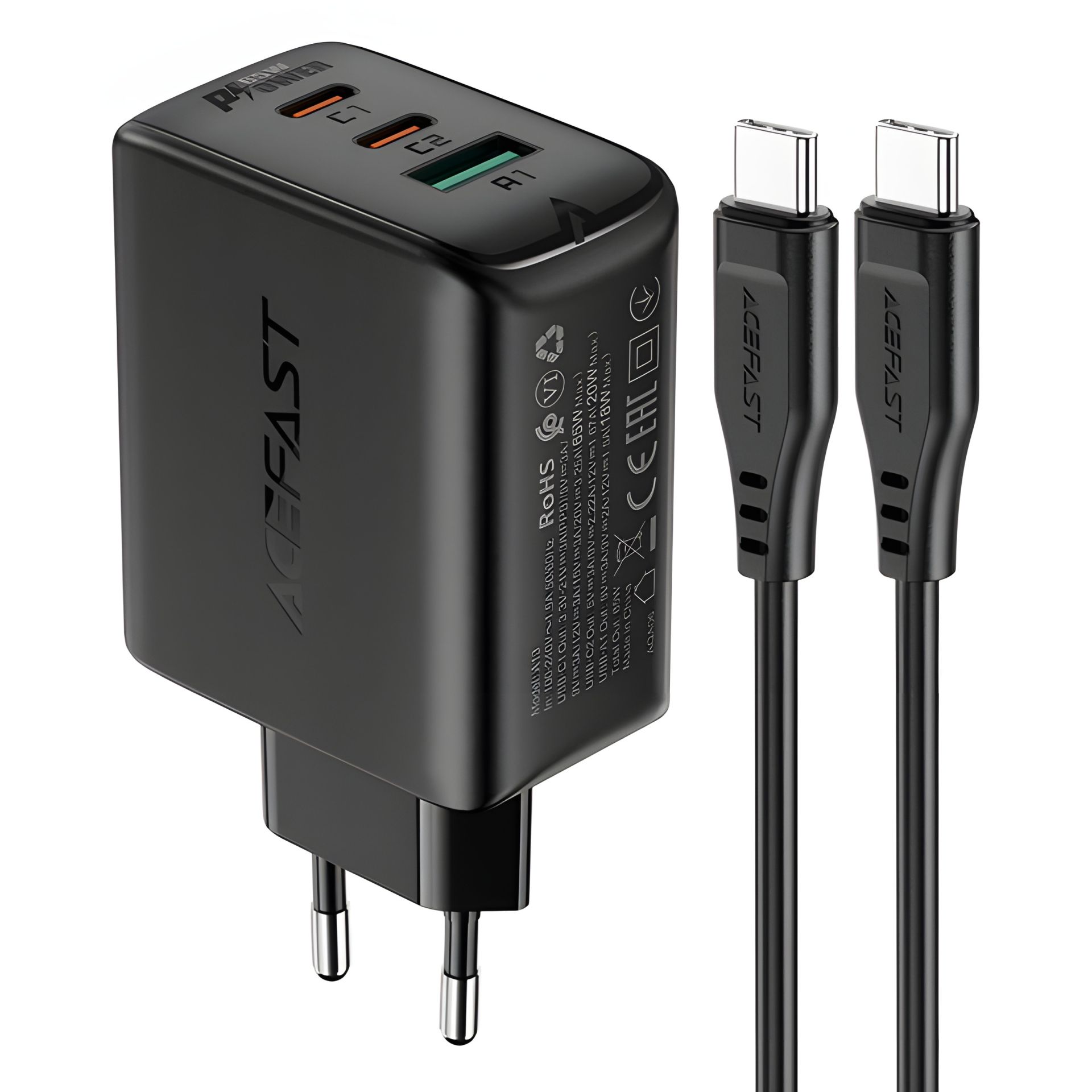 Зарядний пристрій Acefast A13 USB/2 Type-C QC PD 65W чорний + кабель Type-C to Type-C Зарядний пристрій Acefast A13 USB/2 Type-C QC PD 65W чорний + кабель Type-C to Type-C