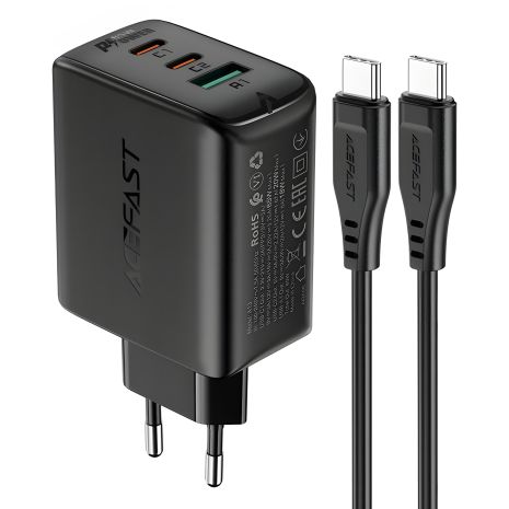 Черное зарядное устройство Acefast A13 USB/ 2 Type-C QC PD 65W + кабель Type-C to Type-C