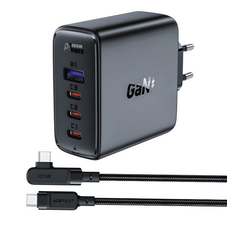 Сетевое зарядное устройство Acefast A37 USB/ 3 Type-C QC PD 100W черное + кабель Type-C to Type-C Сетевое зарядное устройство Acefast A37 USB/ 3 Type-C QC PD 100W черное + кабель Type-C to Type-C