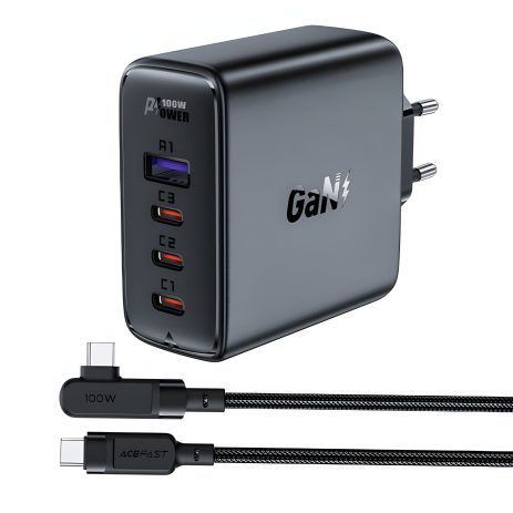 Зарядний пристрій Acefast A37 USB/3 Type-C QC PD 100W чорний + кабель Type-C to Type-C Зарядний пристрій Acefast A37 USB/3 Type-C QC PD 100W чорний + кабель Type-C to Type-C
