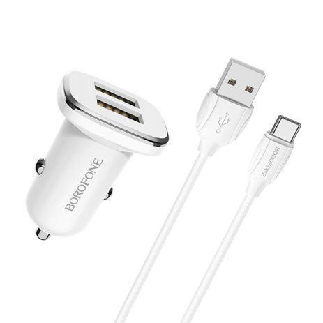 Автомобільне ЗУ Borofone BZ12 2.4A 2 USB + Кабель USB to Type-C White