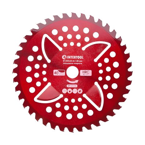 Ніж для мотокоси/тримера INTERTOOL DT-2355 з твердосплавними напайками ø255x25.4x1.35 мм 40T, HRC 82-86, 4 підрізні лопаті, анодоване покриття