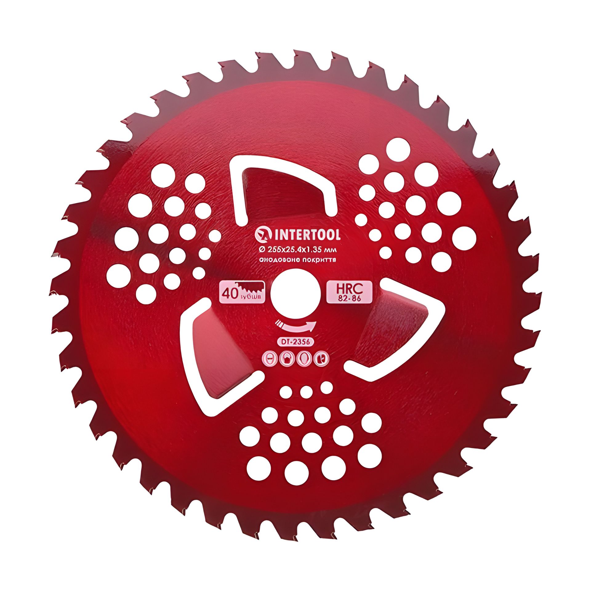 Ніж з твердосплавними напайками ø255x25.4x1.35 мм 40T, HRC 82-86, 3 підрізні лопаті, анодоване покриття для мотокоси/тримера INTERTOOL DT-2356 Ніж з твердосплавними напайками ø255x25.4x1.35 мм 40T, HRC 82-86, 3 підрізні лопаті, анодоване покриття для мотокоси/тримера INTERTOOL DT-2356